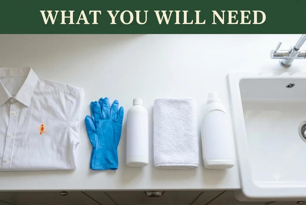 A white cotton shirt with a rust mark, chemical-resistant gloves, rust remover, a towel and detergent