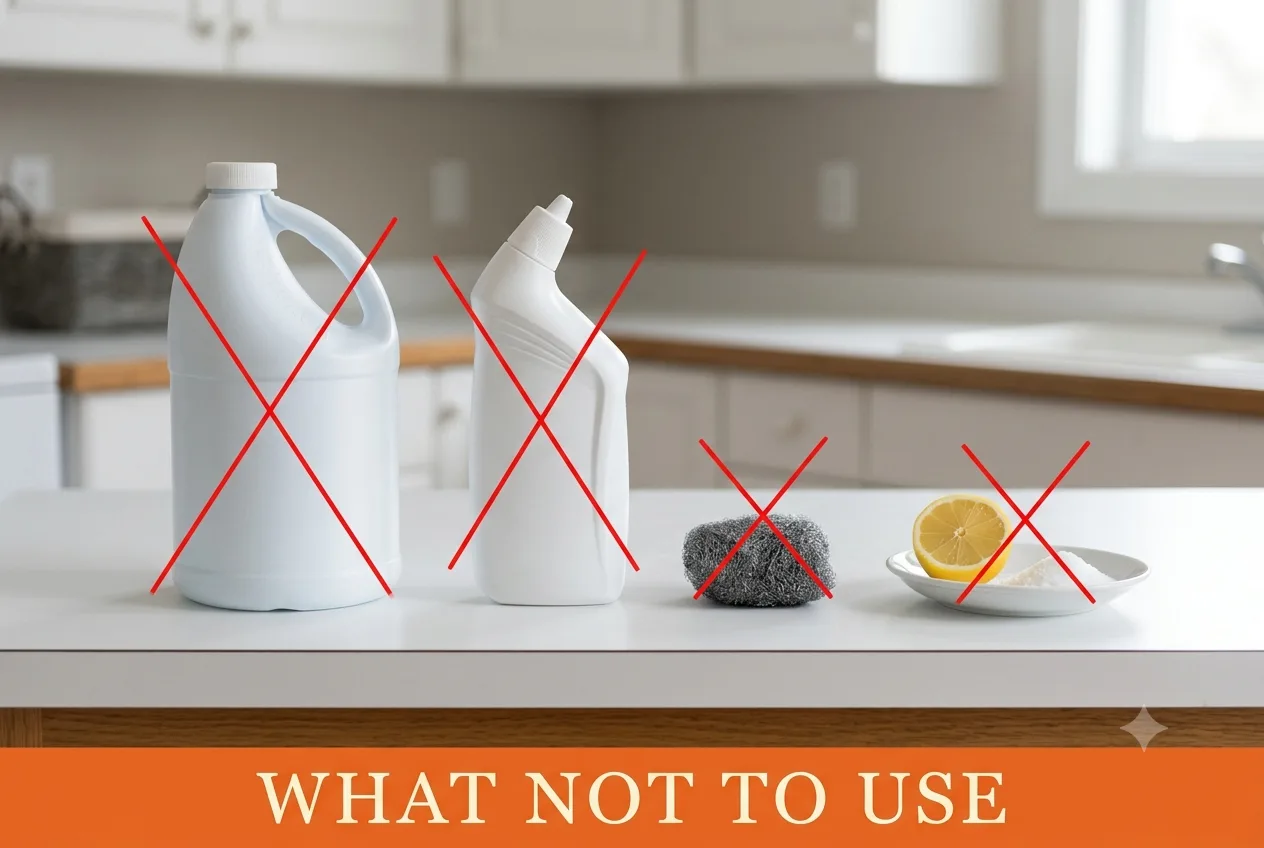 Chlorine bleach, toilet-bowl cleaner, steel wool and a lemon-and-salt dish marked with red X