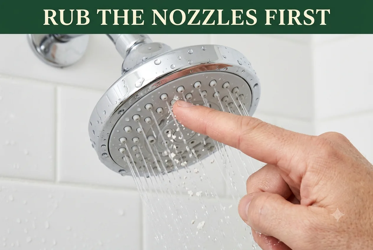 A fingertip rubbing the soft rubber spray nozzles of a chrome shower head under running water, loosening white flecks
