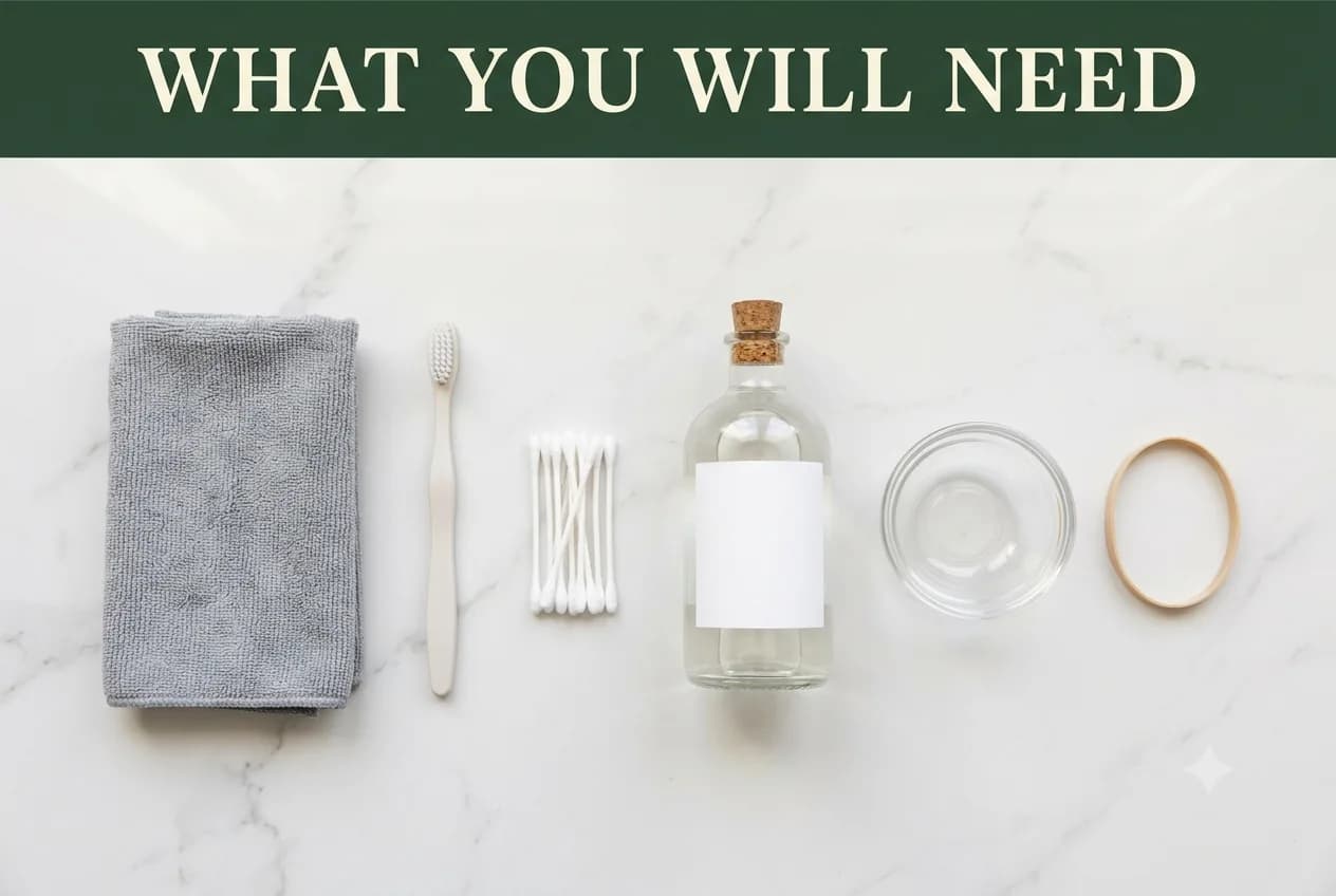 A microfiber cloth, a soft toothbrush, cotton swabs, a bottle of white vinegar, a bowl and a rubber band on a counter