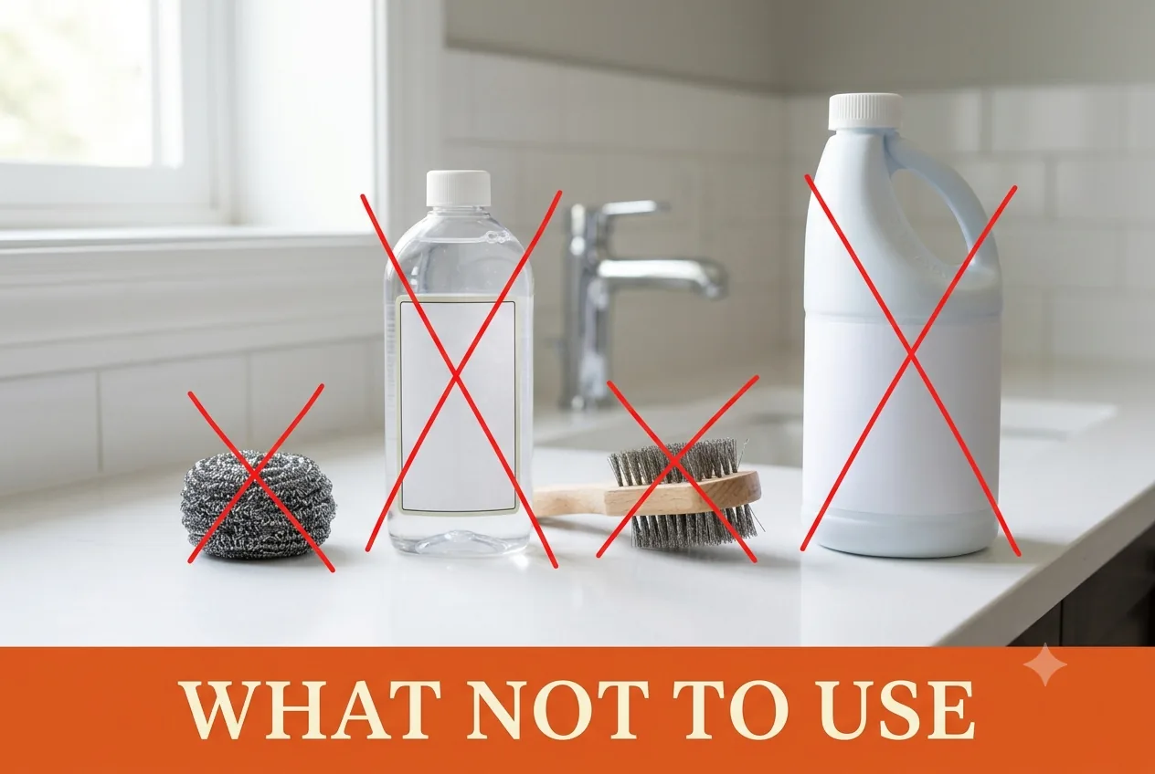 Steel wool, a strong acid descaler, a wire brush and a bottle of bleach marked with red X