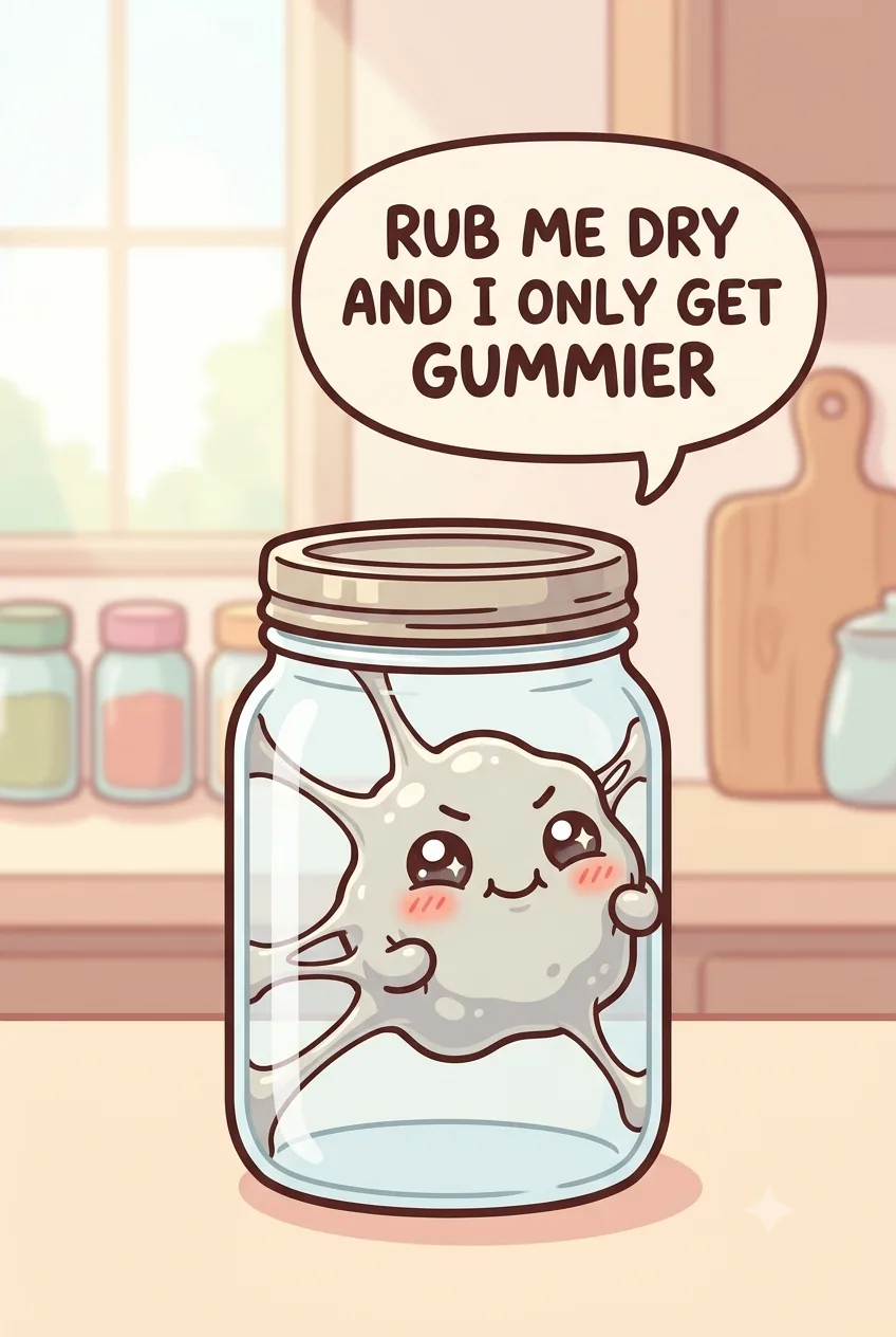 A cute cartoon gooey sticker-residue character stuck on a clear glass jar in a chibi kitchen
