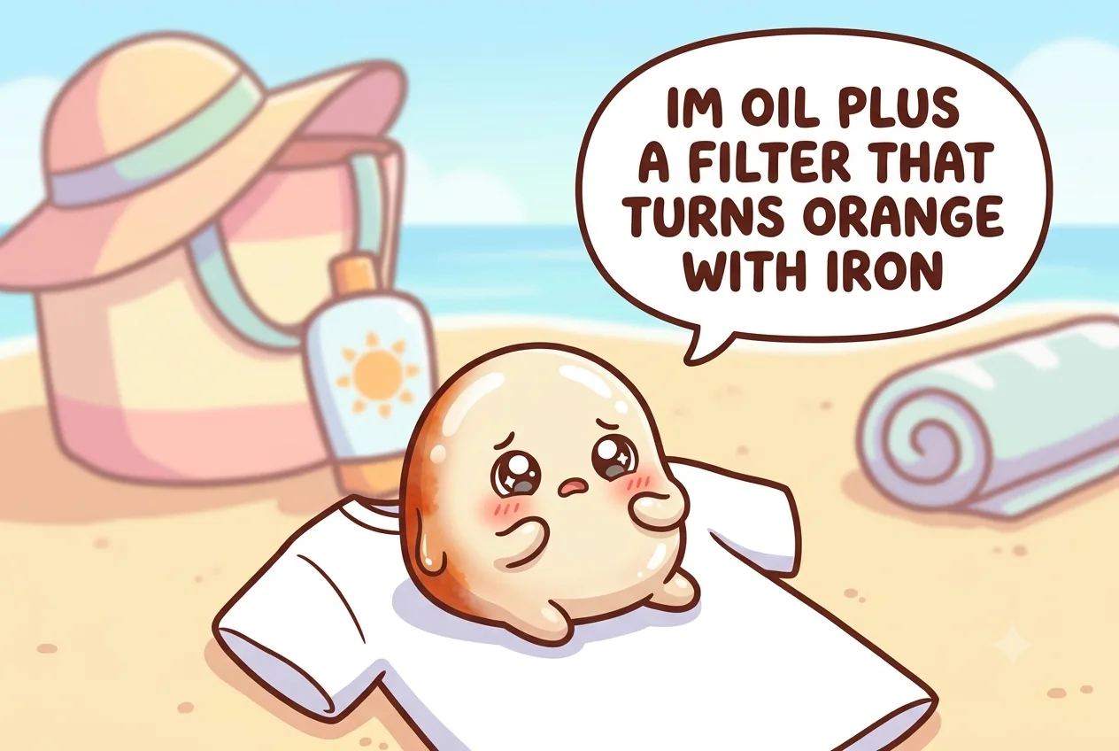 The cartoon sunscreen character explaining it is oil plus a UV filter that turns orange with iron