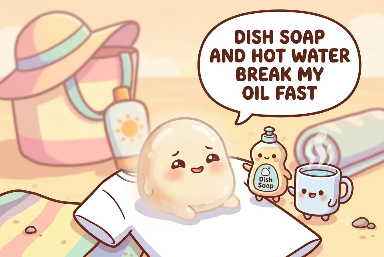 The sunscreen character shrinking beside a cheerful cartoon dish-soap bottle and a mug of hot water