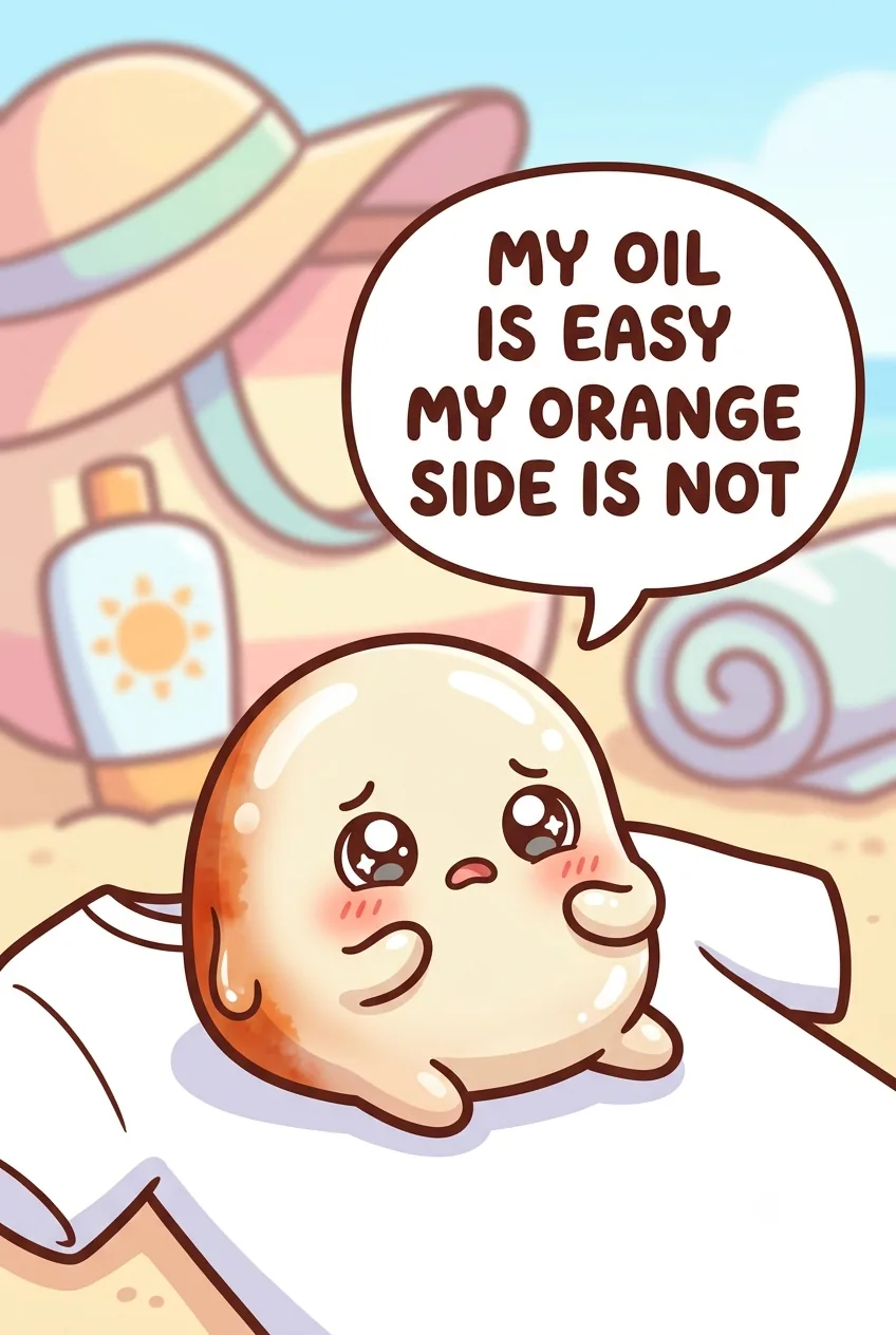 A cute cartoon glossy sunscreen-blob character on a white t-shirt in a chibi beach-bag scene
