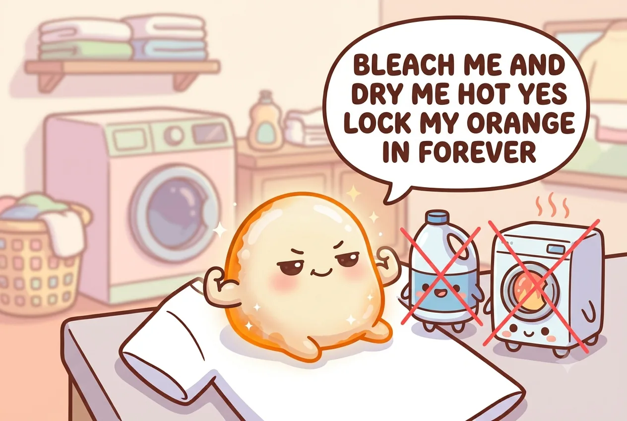 The sunscreen character looking smug next to a crossed-out chlorine bleach jug and a hot dryer