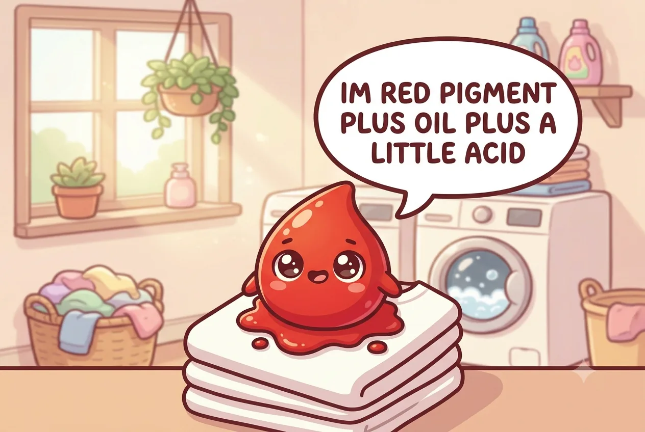 The cartoon tomato-sauce drop character saying it is made of red pigment, oil, and a little acid