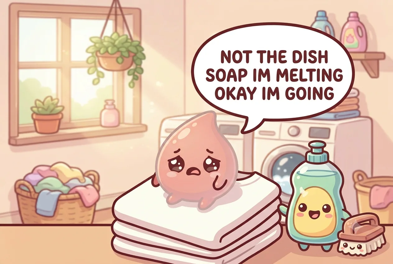 The tomato-sauce character shrinking beside a cheerful cartoon dish-soap bottle and scrub brush