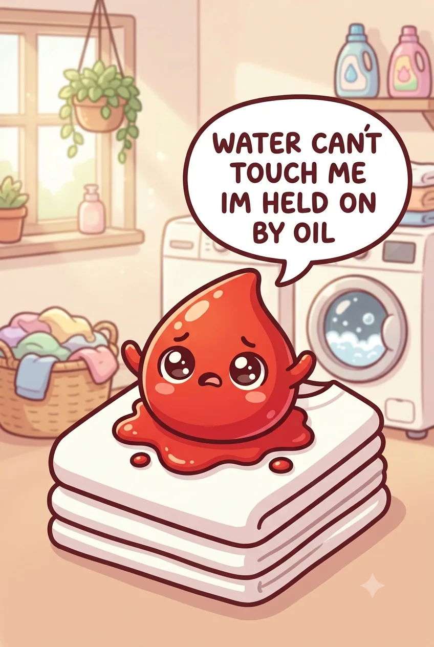 A cute cartoon red tomato-sauce drop character sitting on a folded white shirt in a chibi laundry room