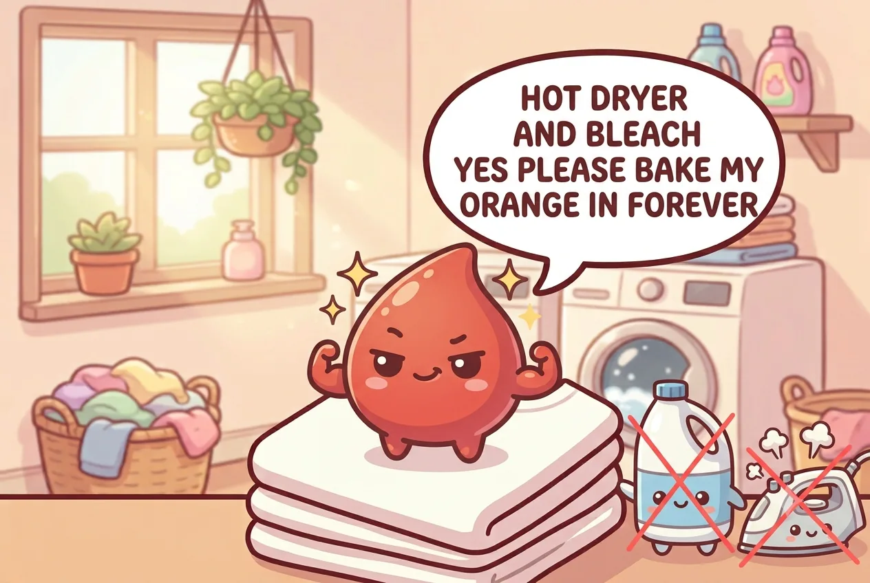 The tomato-sauce character looking smug next to a crossed-out bleach jug and hot iron
