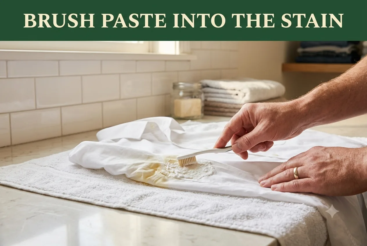 A hand brushing a thick white paste onto the yellowed underarm of a white shirt with a soft toothbrush