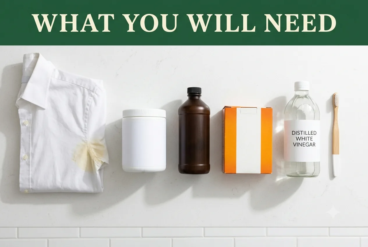 A white shirt with a yellowed underarm, oxygen bleach powder, hydrogen peroxide, baking soda, vinegar and a toothbrush