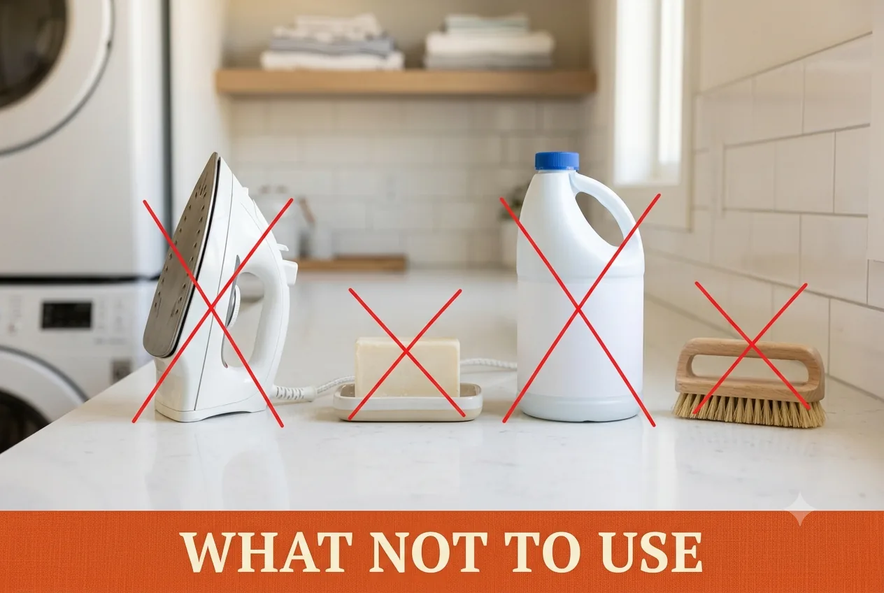 A chlorine bleach jug, a hot iron, a bar of soap and a stiff brush marked with red X