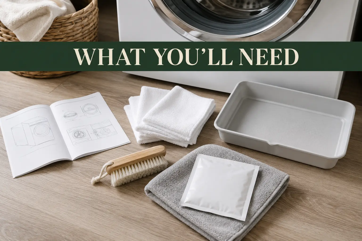 A washer manual, white cloths, a soft brush, drain pan, towels, and an unbranded washer-cleaner packet