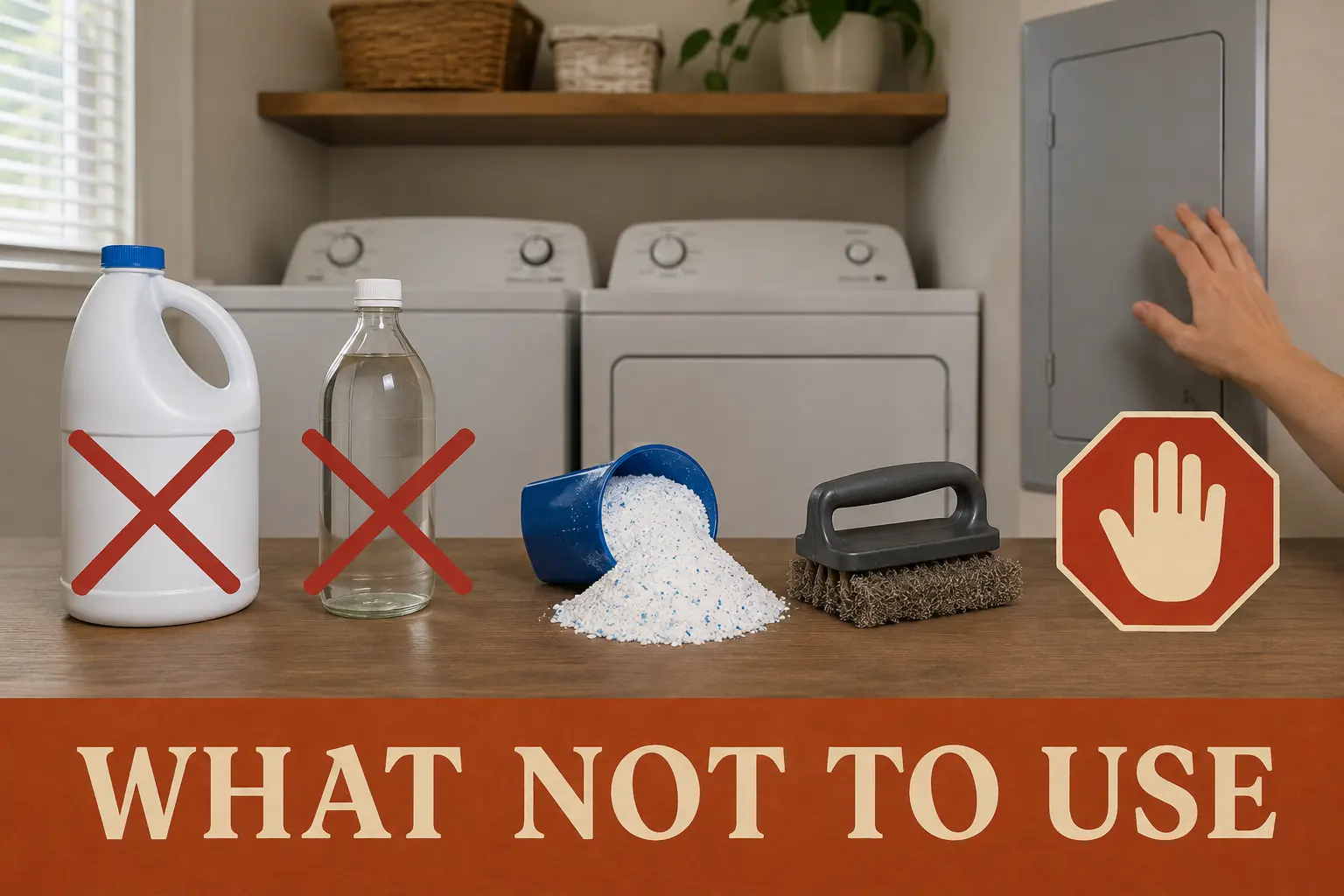Bleach, vinegar, excess detergent, an abrasive tool, and opening a washer panel marked as unsafe