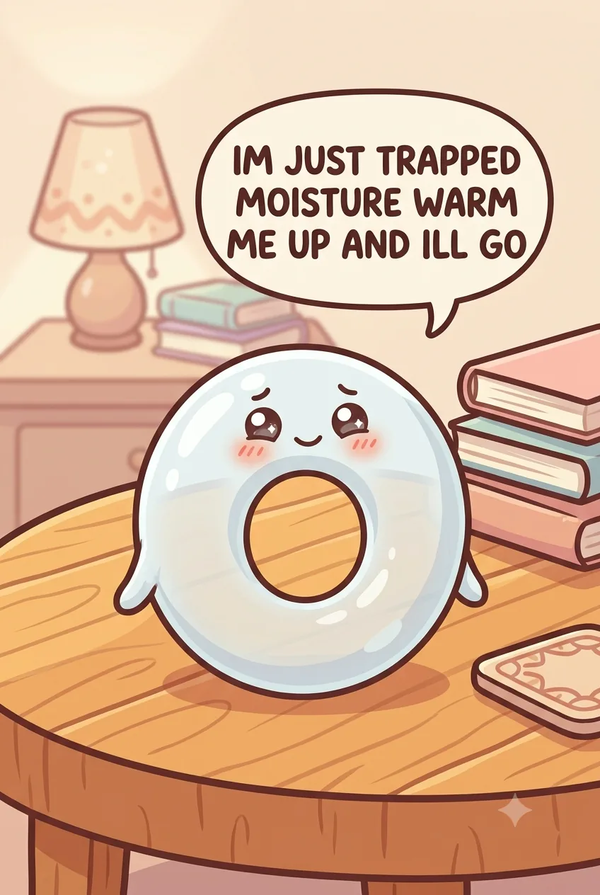 A cute cartoon pale water-ring character resting on a wood table top in a chibi living room