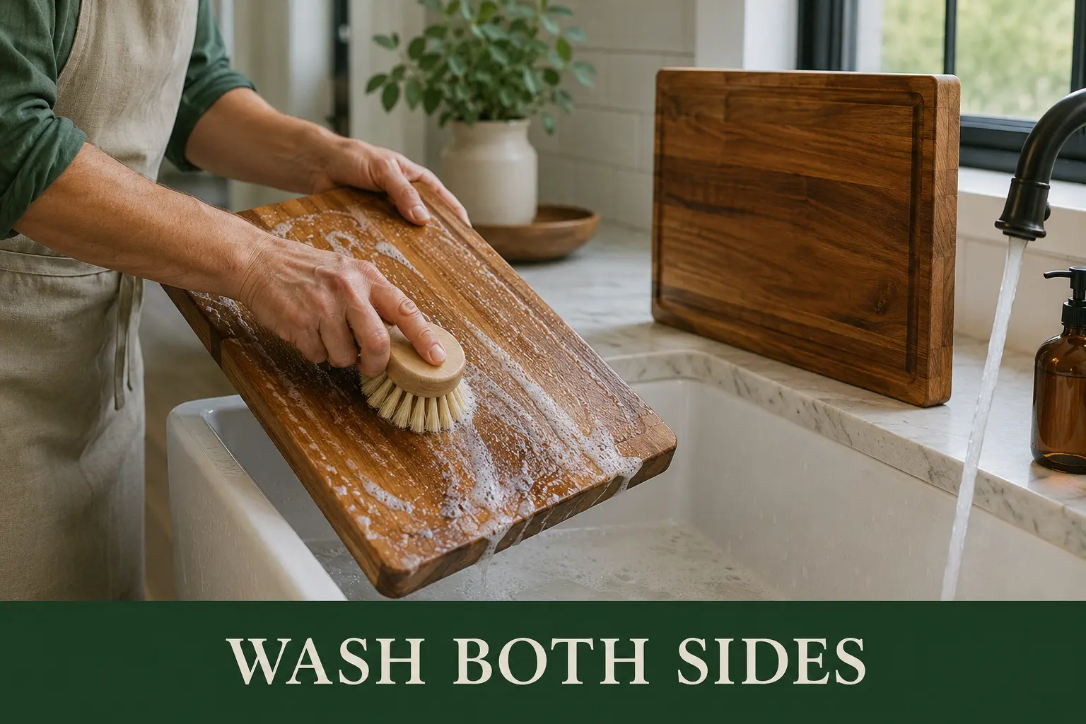Adult hands washing a wooden cutting board while another board dries upright on its edge