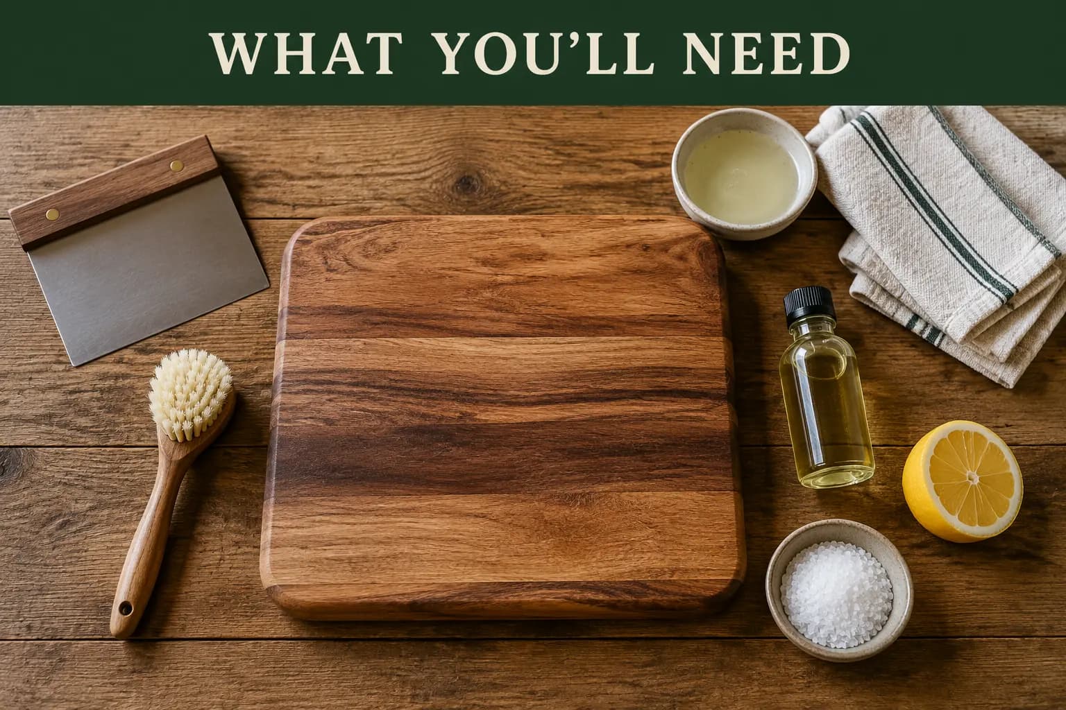 A wooden cutting board with a bench scraper, soft brush, towels, mineral oil, salt, and lemon