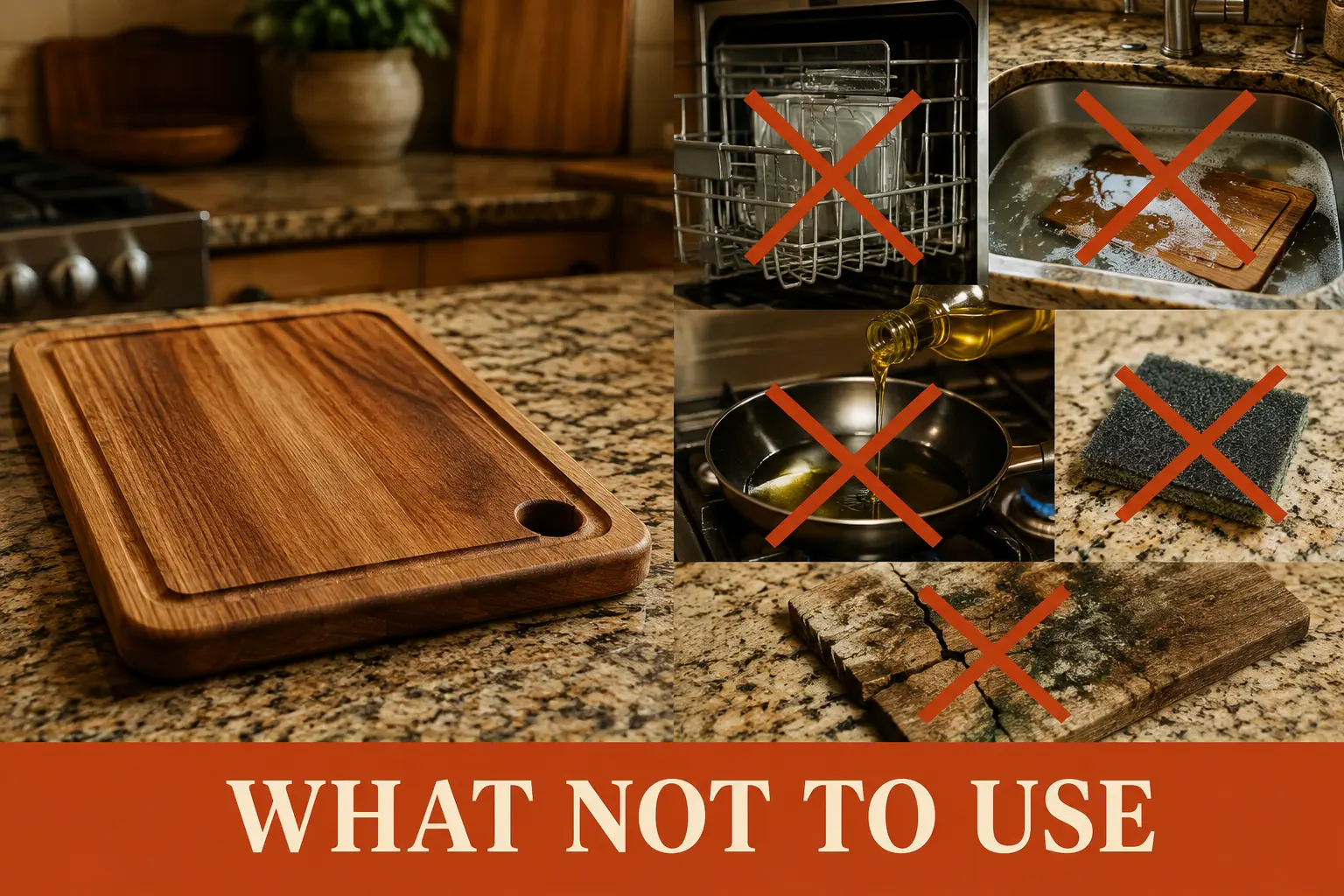 Dishwasher, soaking, cooking oil, rough scrubber, and a damaged board marked as unsafe