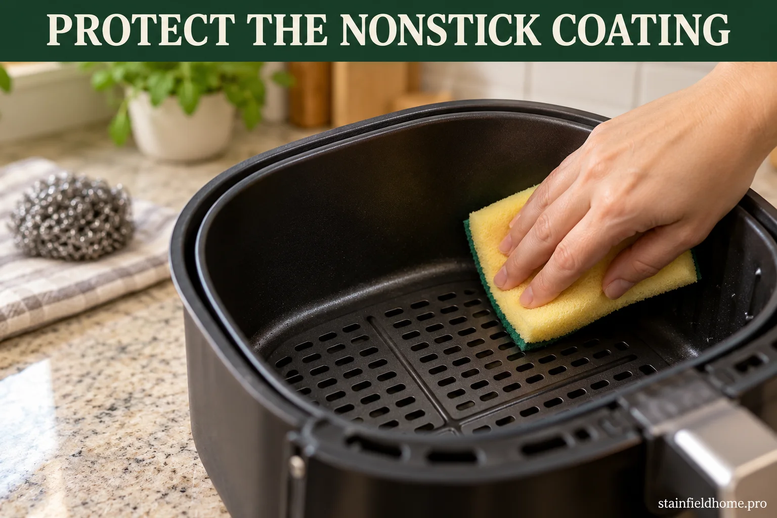 A soft sponge gently wiping an intact nonstick air-fryer basket while a metal scourer remains unused nearby.