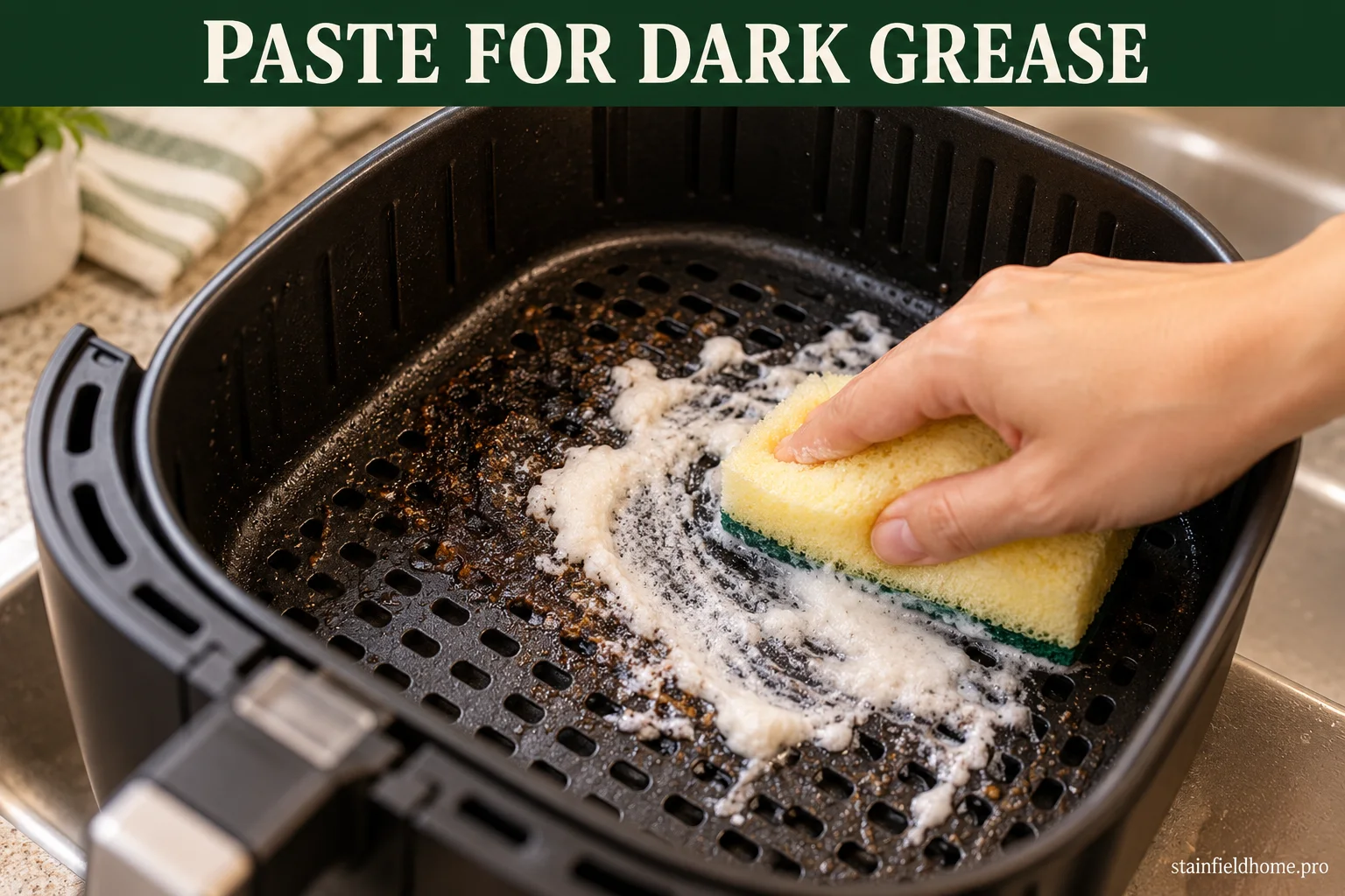 Baking-soda paste being gently worked over a dark grease patch inside a removable air-fryer basket.