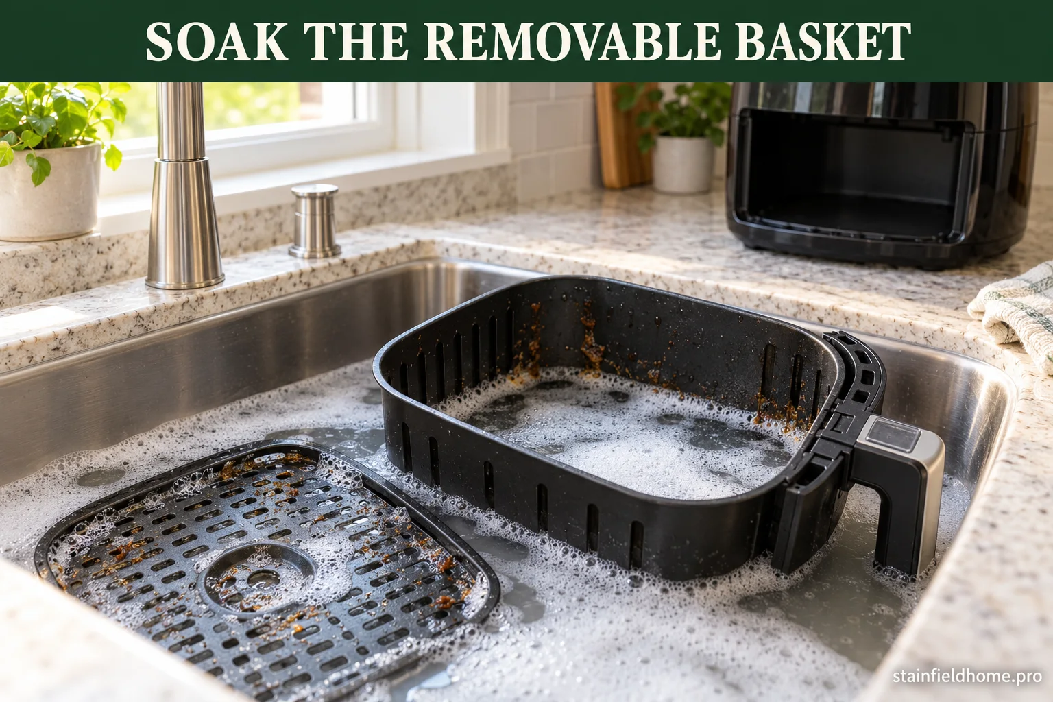 A removable air-fryer basket and tray soaking in warm soapy water while the unplugged main unit stays dry nearby.