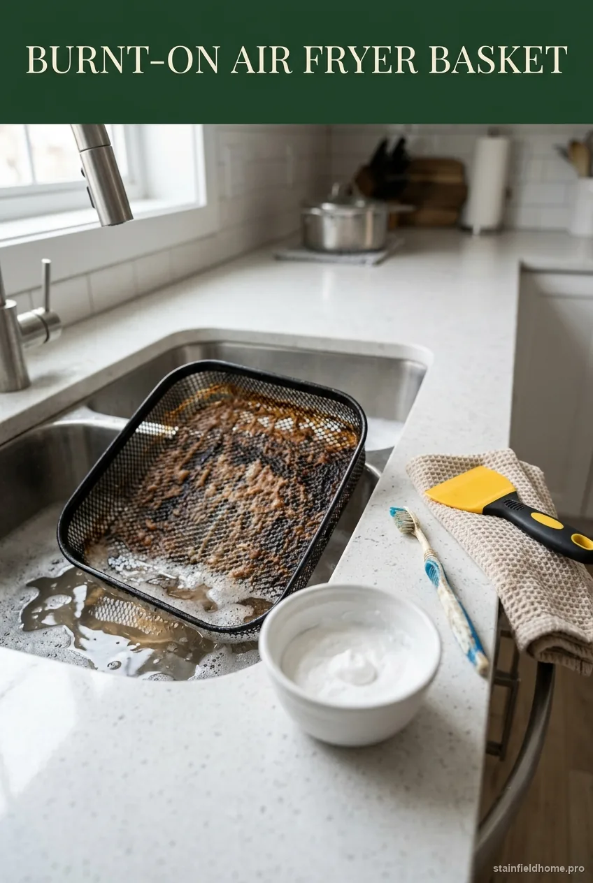 A dark, baked-on grease ring inside a nonstick air fryer basket sitting in a sink of warm soapy water next to a small bowl of baking soda paste and a soft sponge