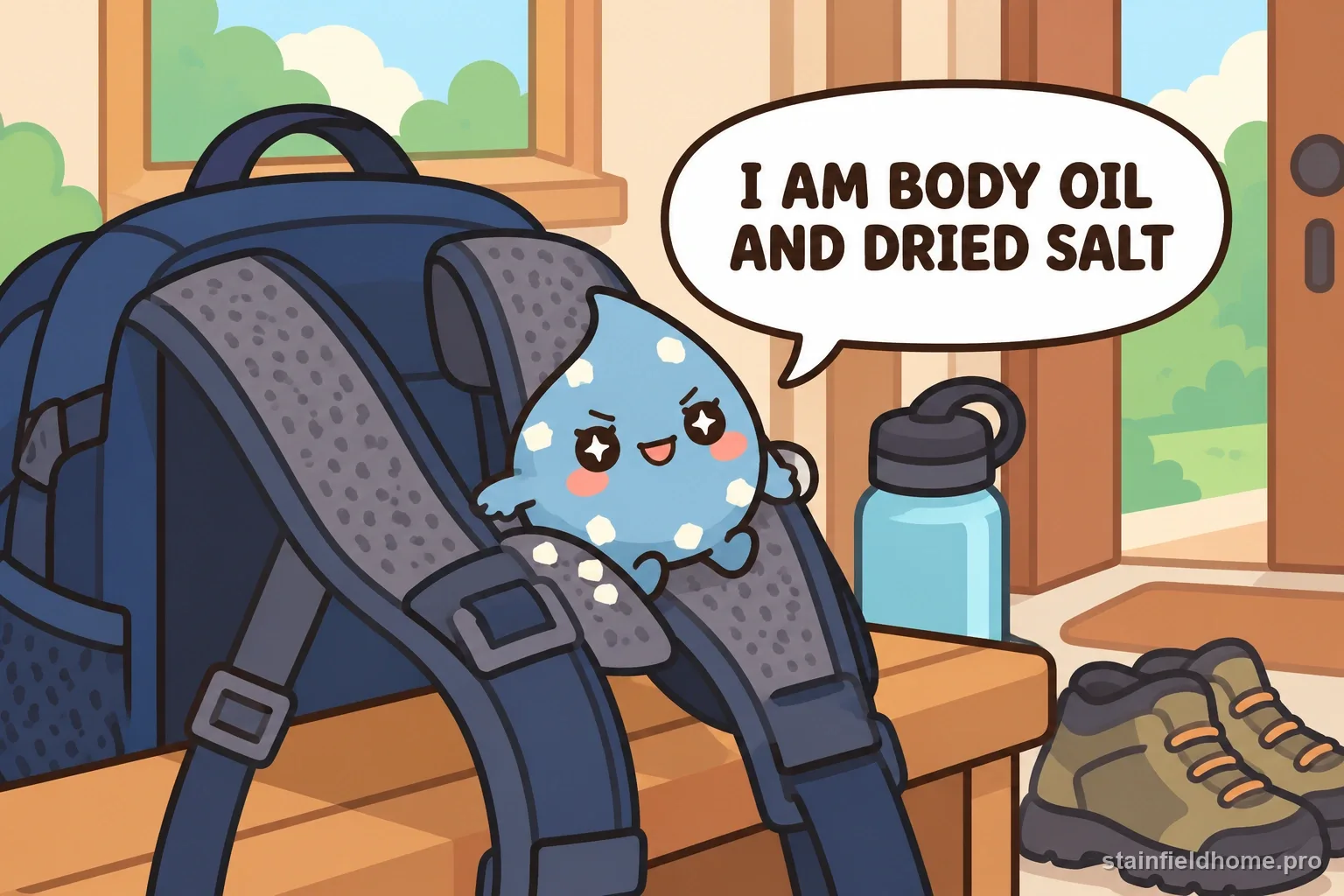 A sweat-salt character on a backpack strap beside the pack and a water bottle.