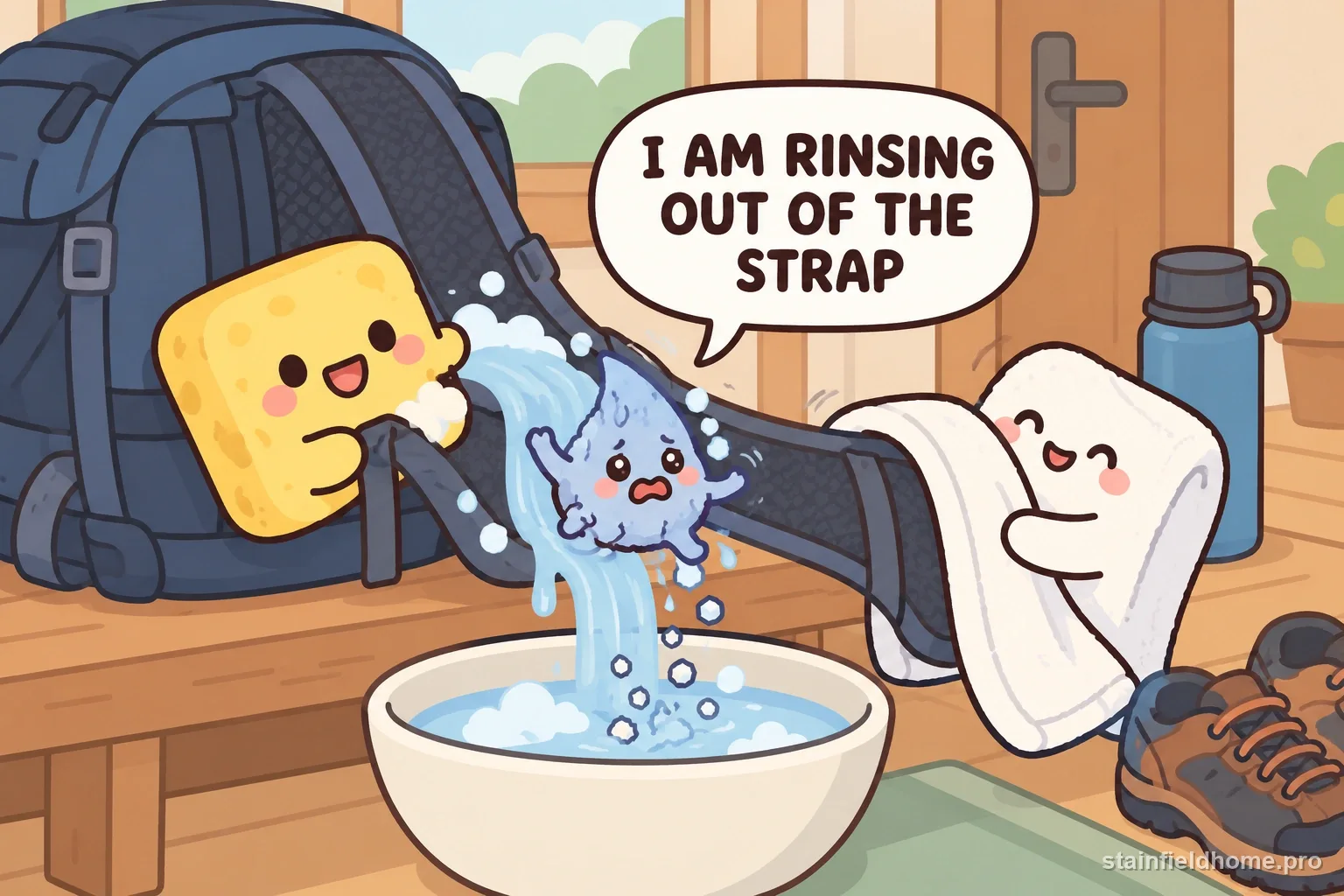 The sweat-salt character rinsing away beside a soft sponge and soapy water.