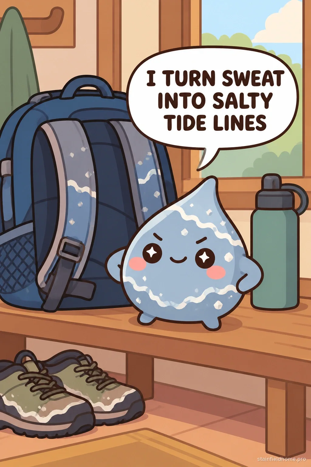 A slate-blue sweat-salt character beside the padded straps of a navy hiking backpack, with a speech bubble.