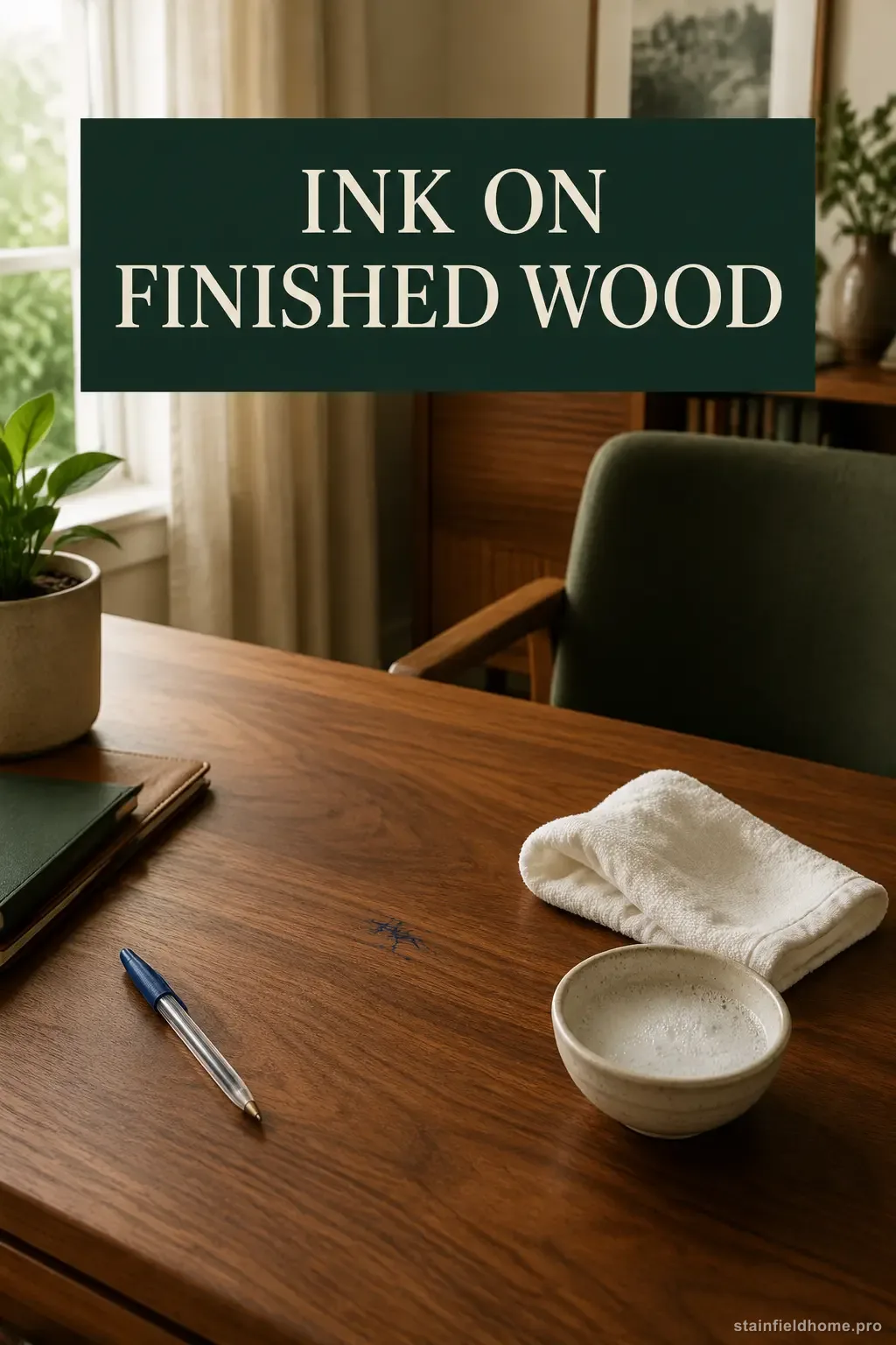 A small blue ballpoint ink mark being cleaned from a finished wood desk in a warm American home office