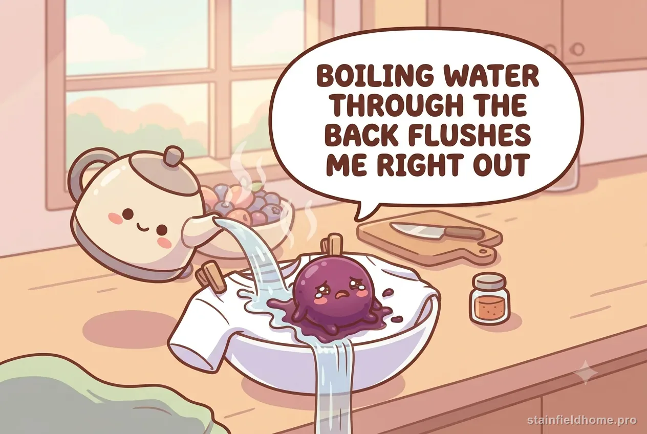 The berry-juice character washing away as boiling water pours through a shirt stretched over a bowl