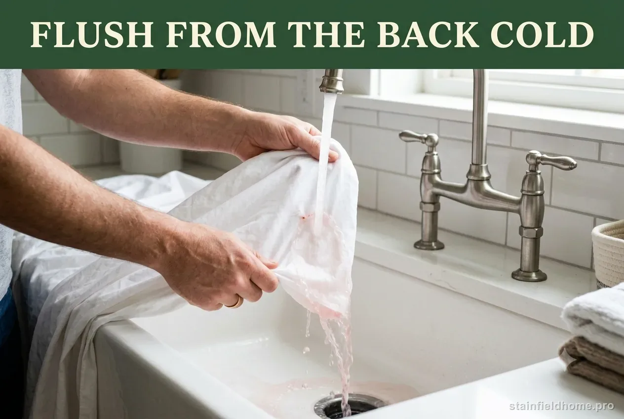 Hands holding white cotton sheet under cold running water at an apron-front sink, flushing a stain from the back