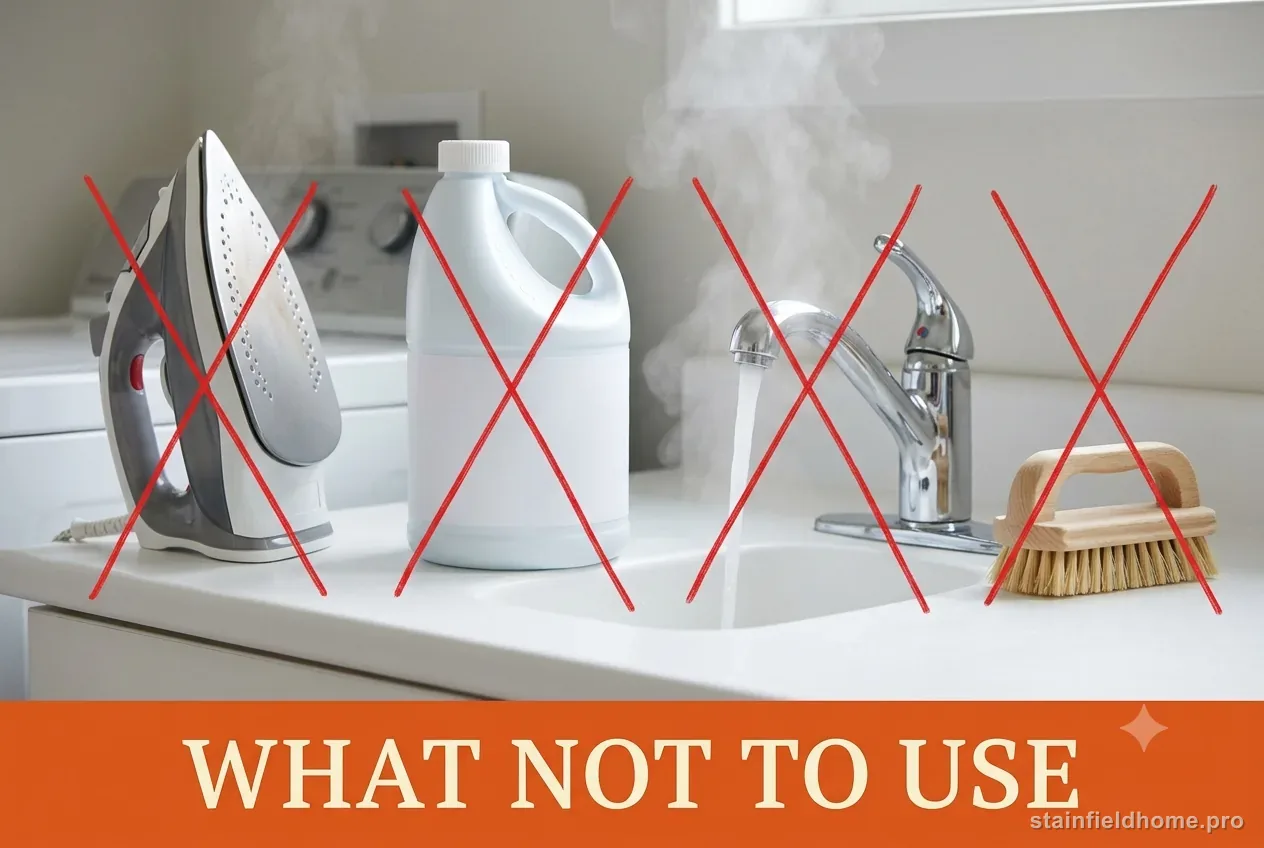 A hot iron, a bleach jug, a hot-water faucet and a stiff brush marked with red X