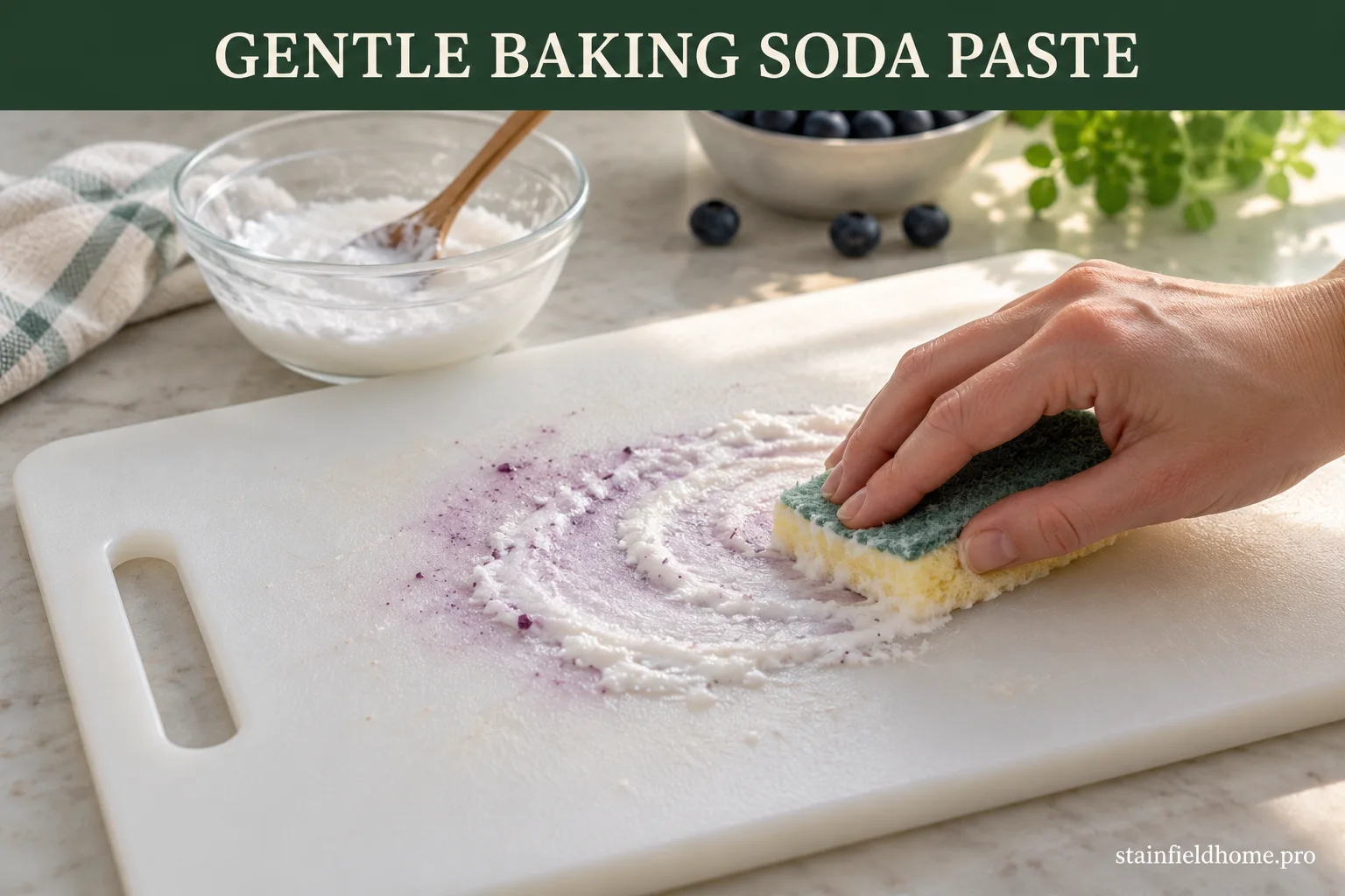 A soft sponge spreading baking-soda paste over a mild purple blueberry stain on a plastic cutting board.