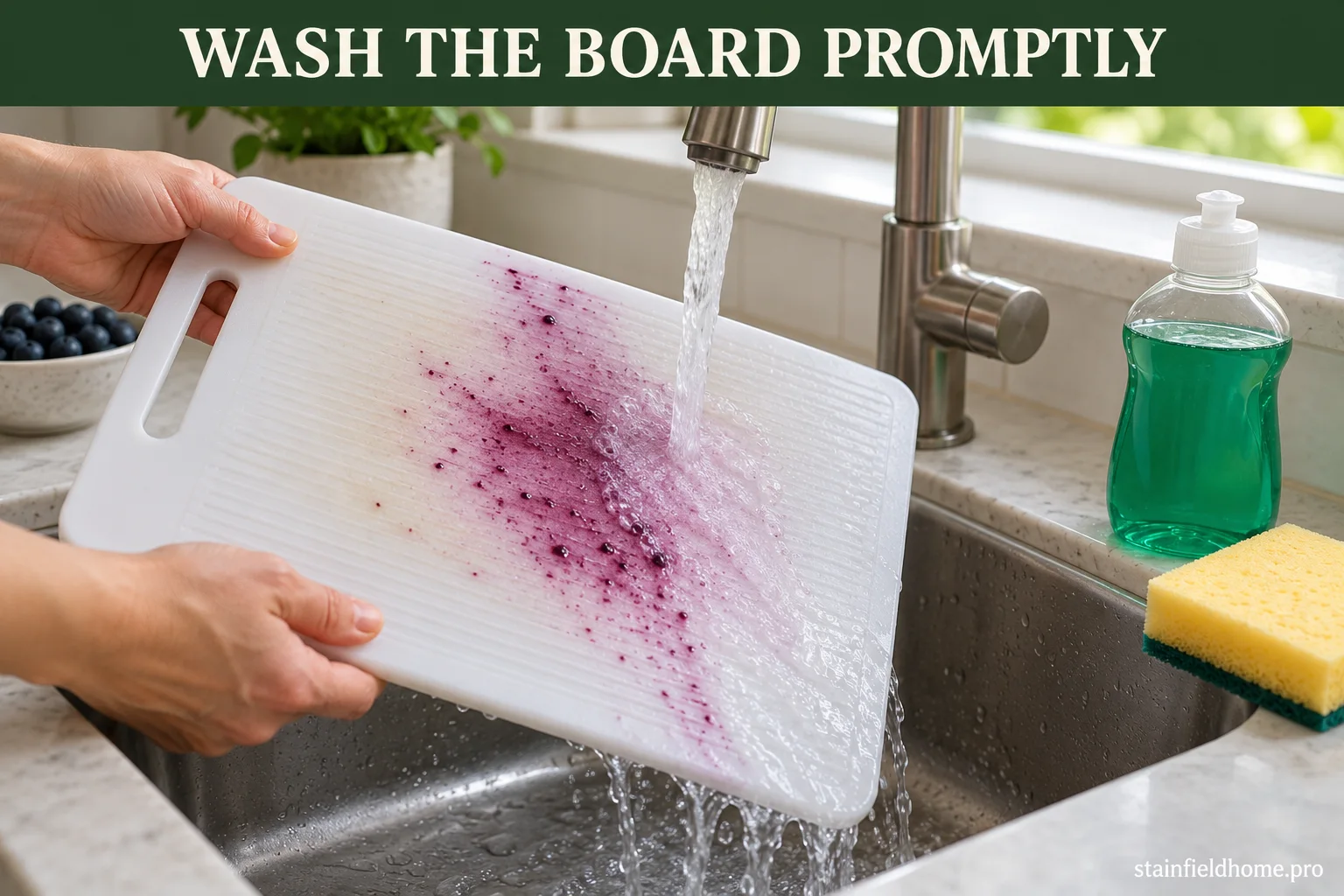 Purple blueberry juice rinsing from a white plastic cutting board under running water beside a soft sponge.
