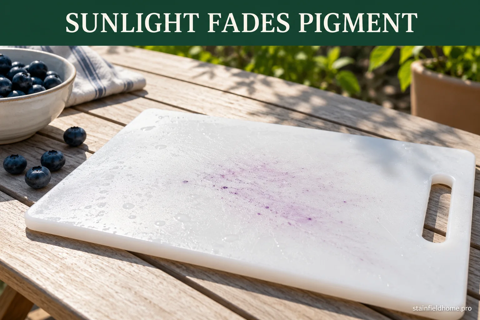 A damp plastic cutting board with a faint blueberry stain resting in direct sunlight to fade the pigment.