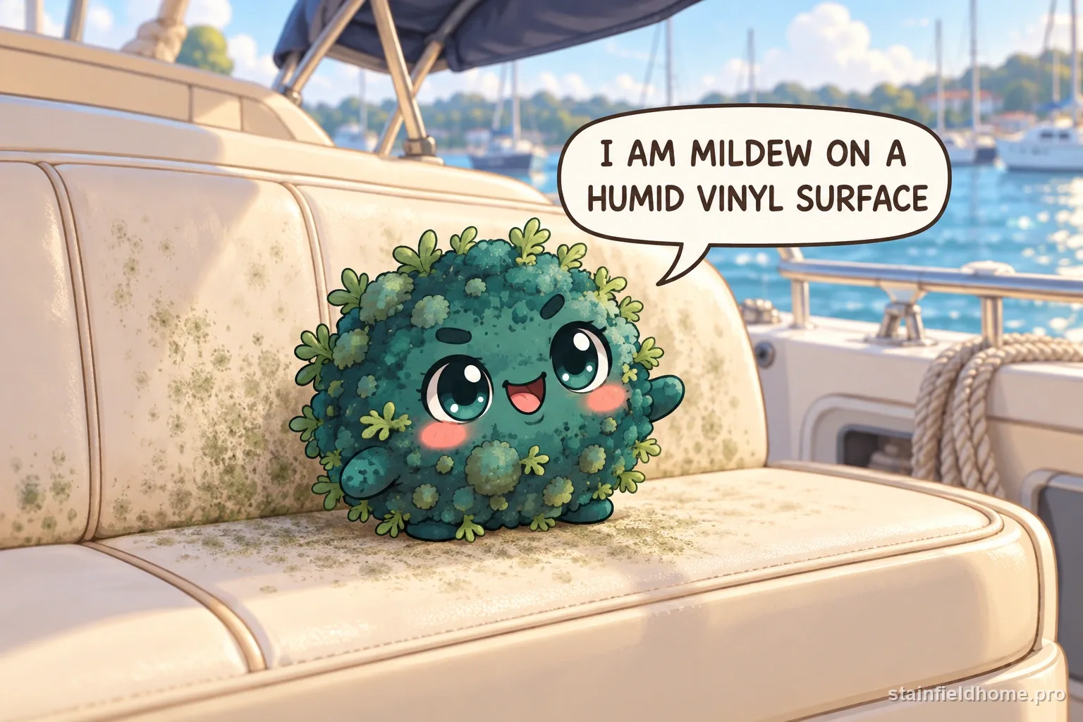 A mildew character on humid vinyl beside a mild cleaner and soft brush.