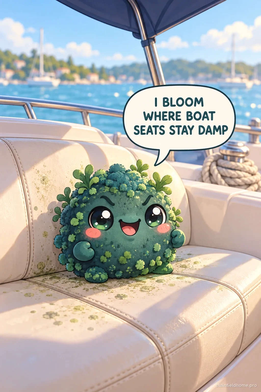 A green mildew character on a cream vinyl boat seat with a marina in the background, with a speech bubble.