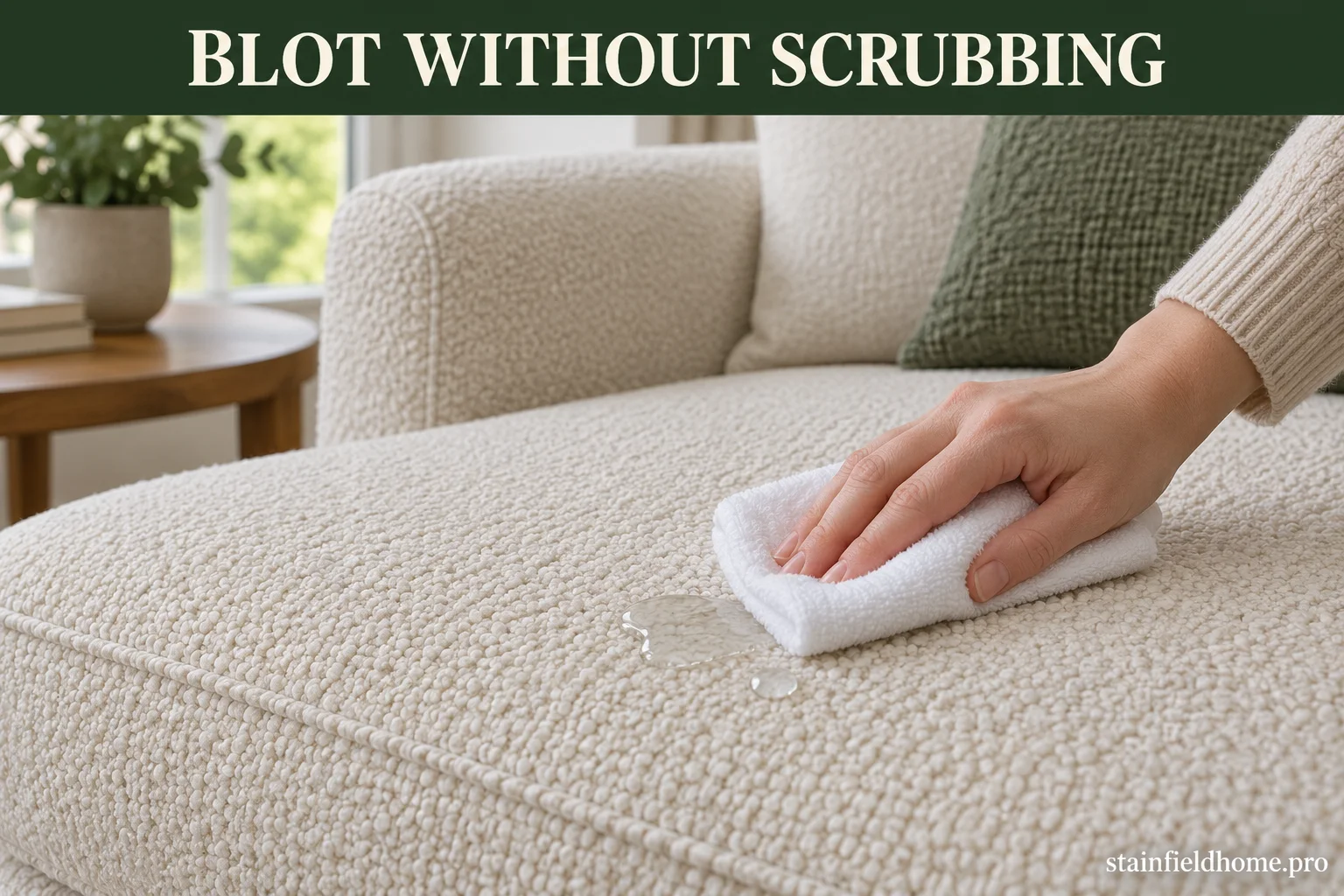 A small water spill on pale bouclé upholstery being gently blotted with a clean white cloth.
