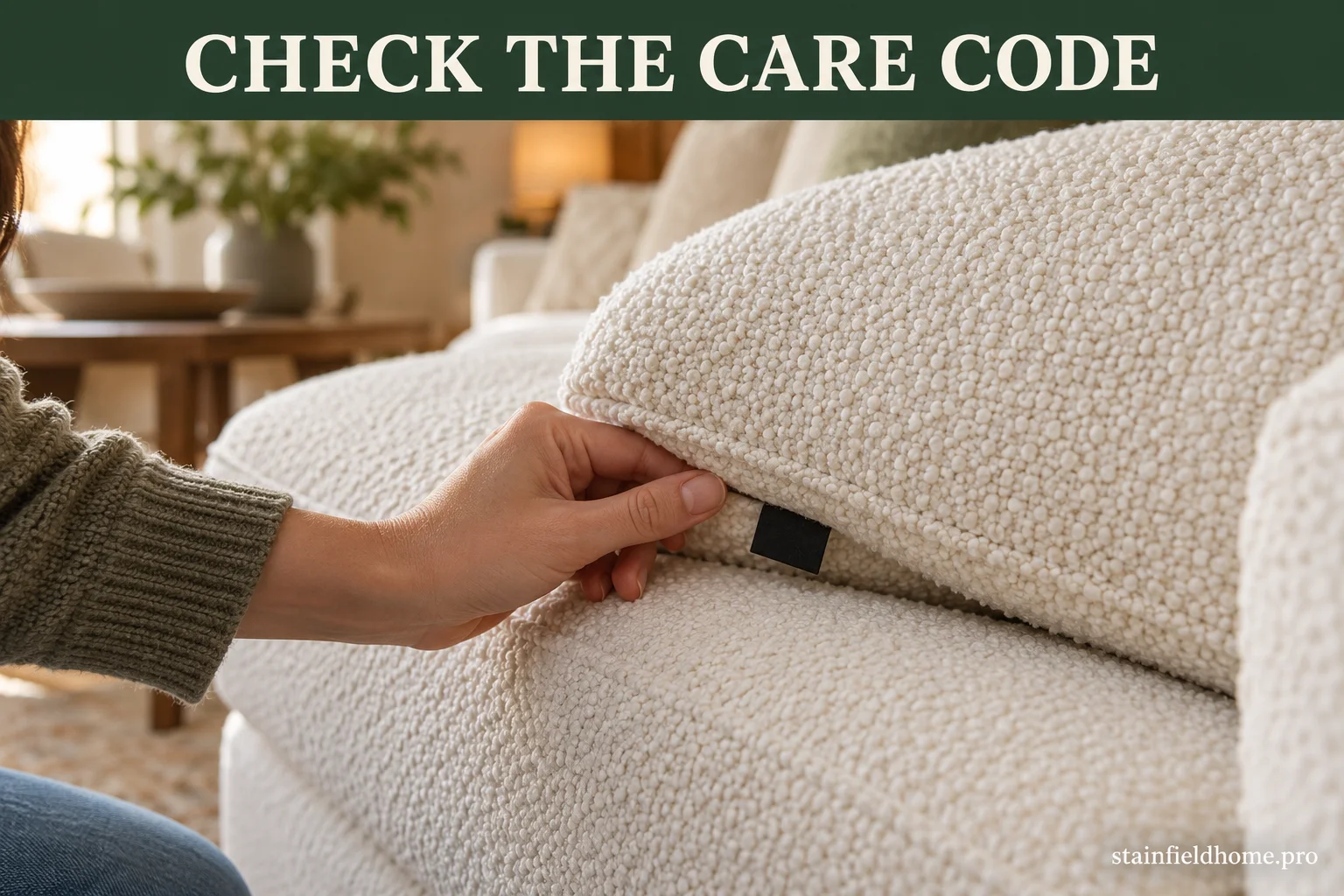 A hand lifting the cushion of a pale bouclé sofa to check the black upholstery care tag before cleaning.