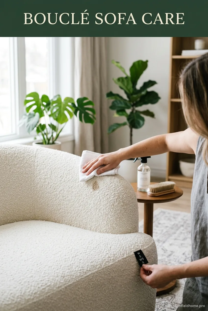 A cream bouclé armchair with its looped nubby texture visible up close, a white cloth blotting a small coffee spill on the cushion, and a cleaning-code tag lifted from underneath the seat cushion