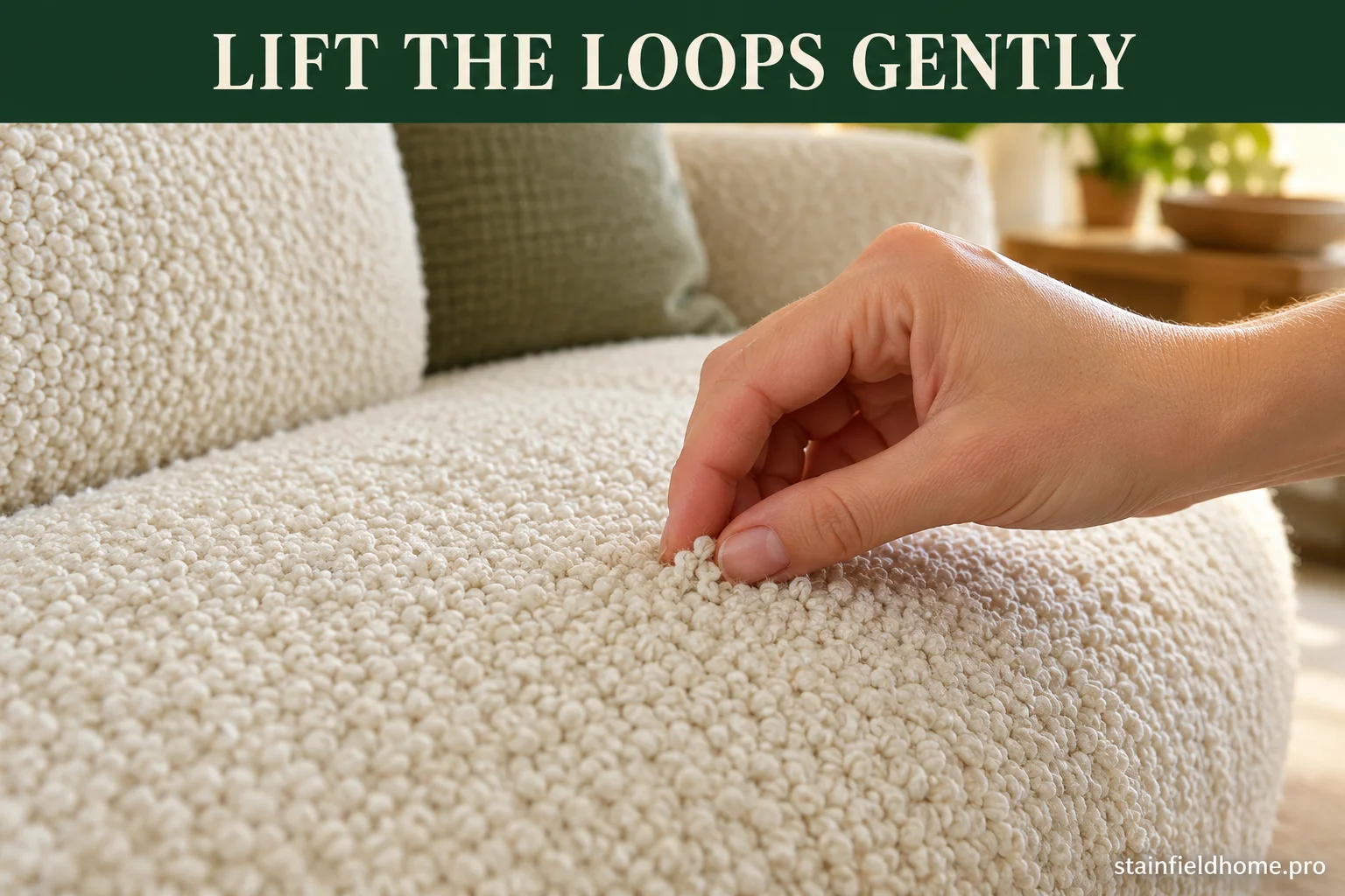 Fingertips gently lifting flattened loops in pale bouclé upholstery after spot cleaning.