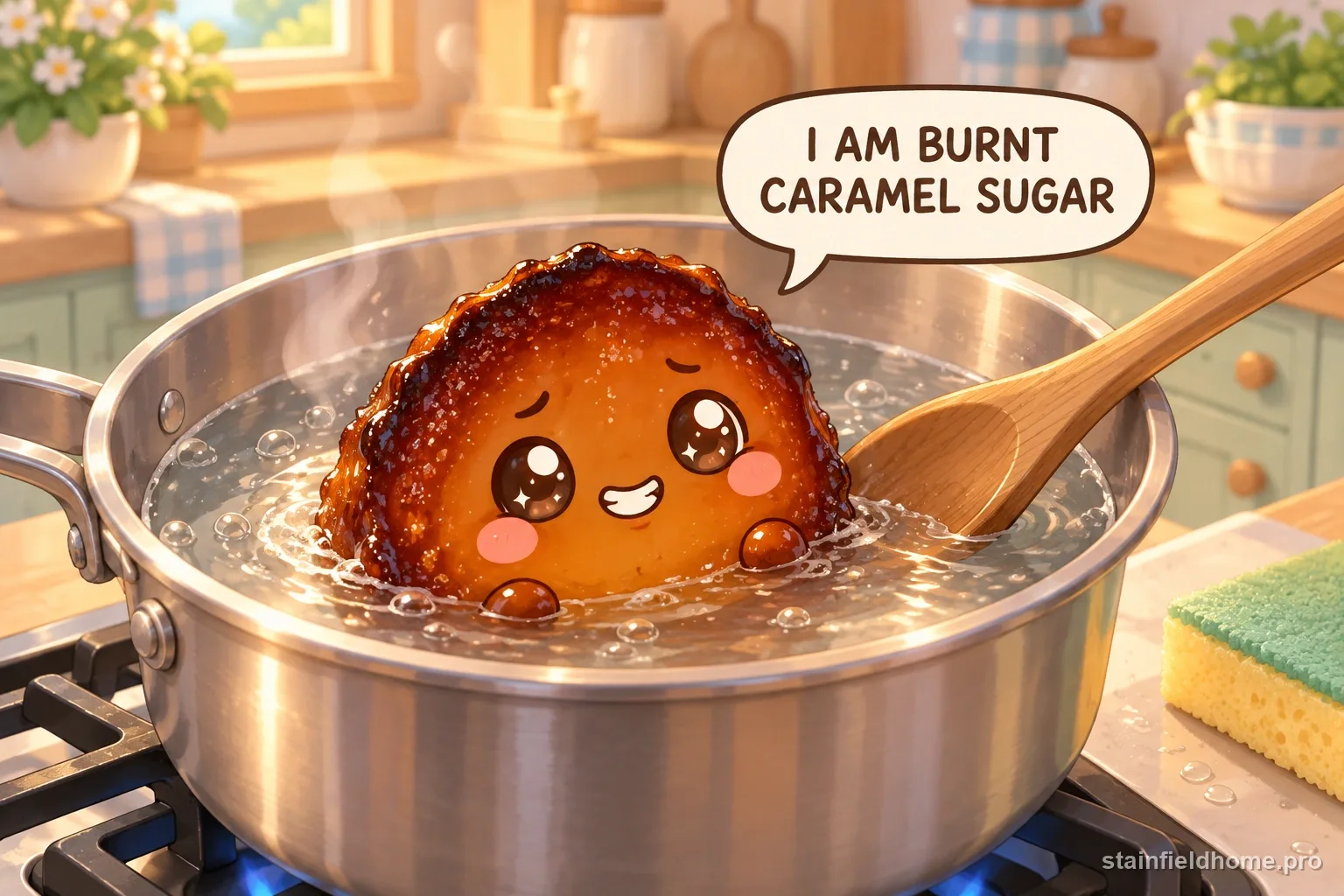 A chibi burnt sugar and caramel character on stainless steel pot with a speech bubble reading “I AM BURNT CARAMEL SUGAR”.