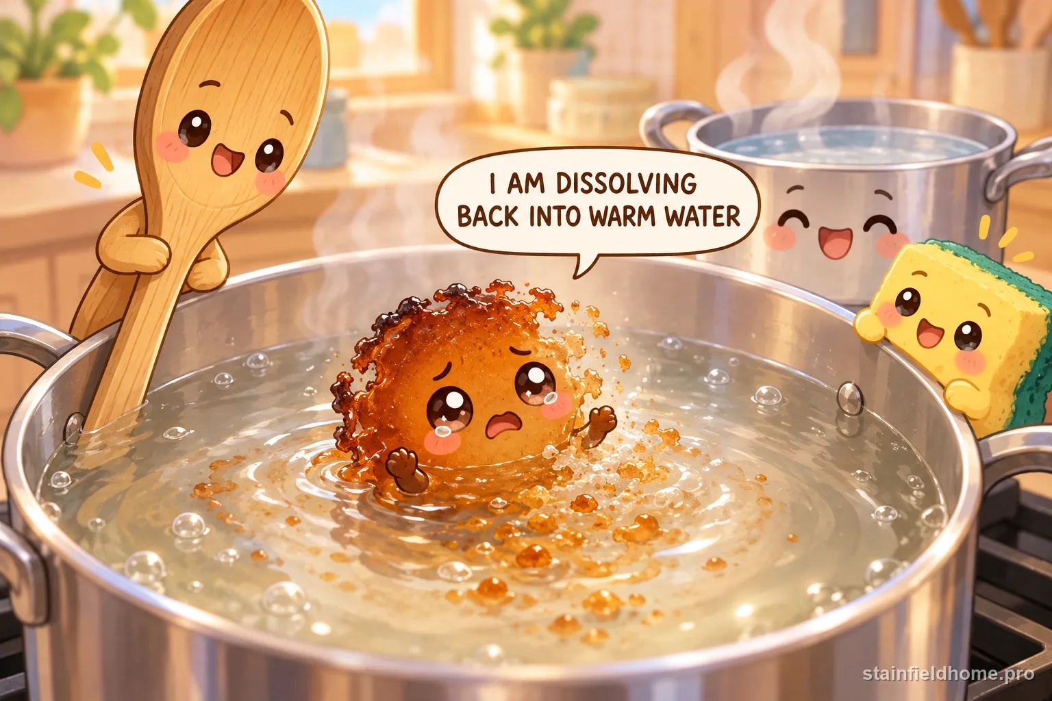 The burnt sugar and caramel character fades beside cleaning supplies for stainless steel pot, with a speech bubble reading “I AM DISSOLVING BACK INTO WARM WATER”.