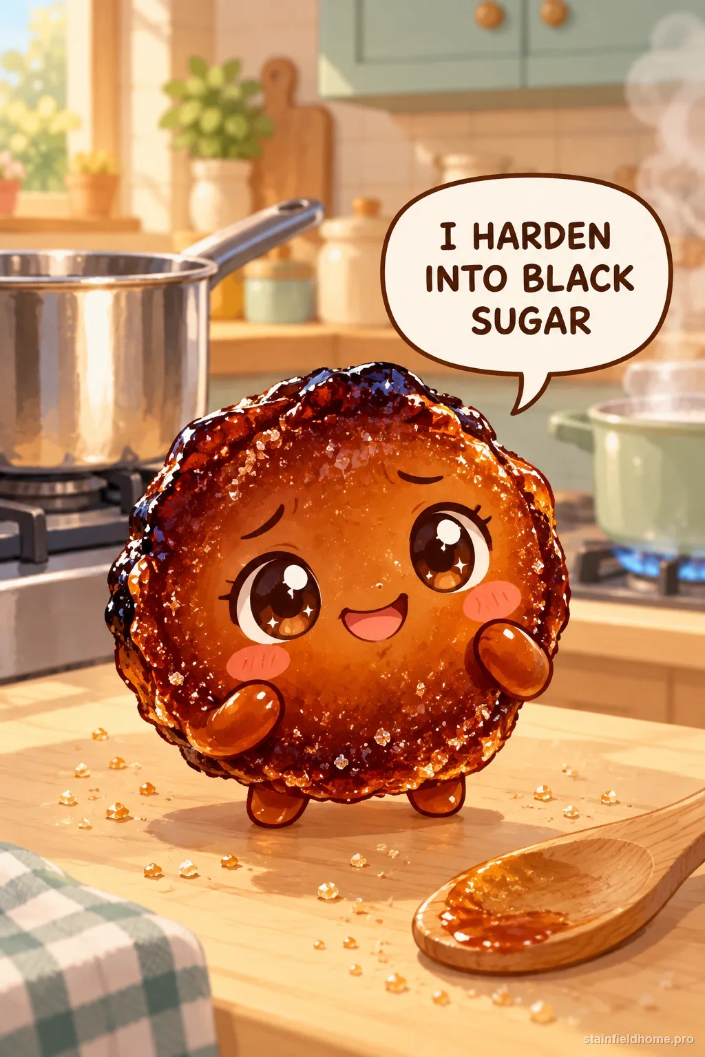 A chibi burnt sugar and caramel character in an illustrated scene about stainless steel pot.