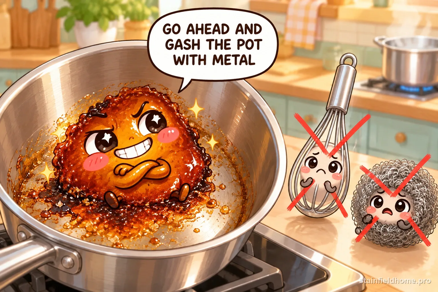 The burnt sugar and caramel character warns against a risky cleaning method for stainless steel pot, with a speech bubble reading “GO AHEAD AND GASH THE POT WITH METAL”.