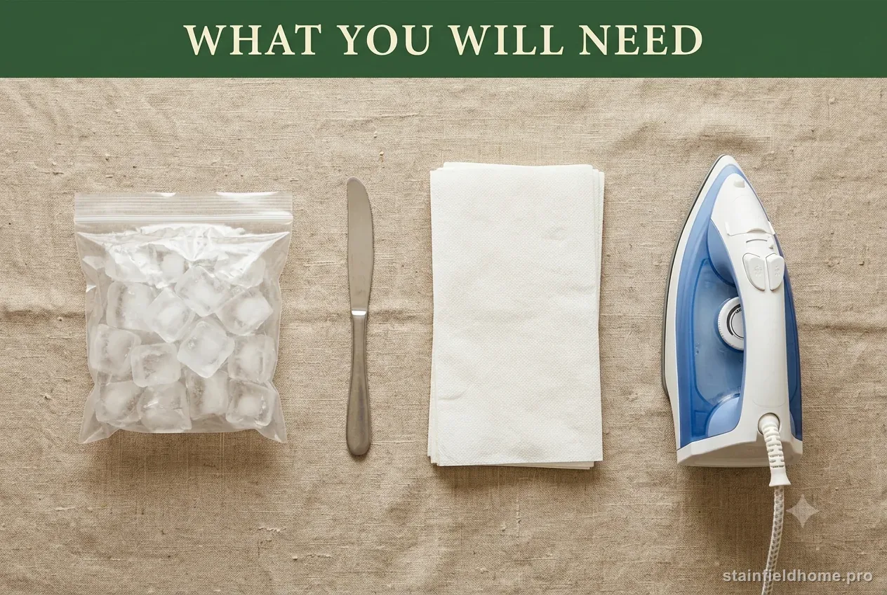A bag of ice, a dull butter knife, a stack of white paper towels and a clothes iron on natural linen