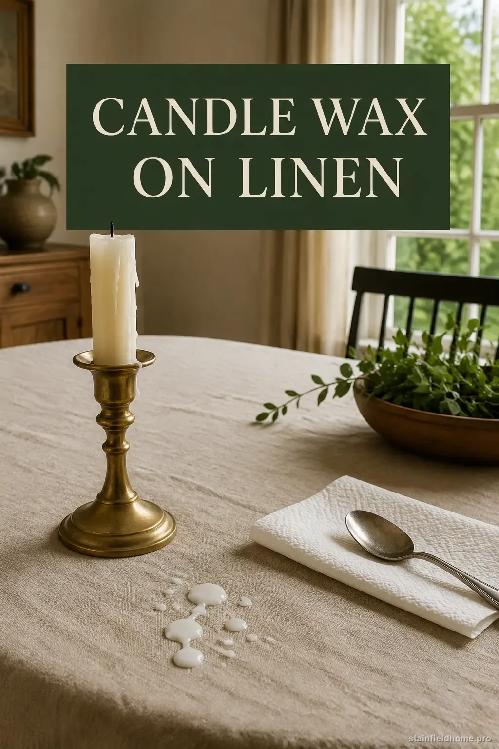 Ivory candle wax on a natural linen tablecloth in a warmly lit Western dining room