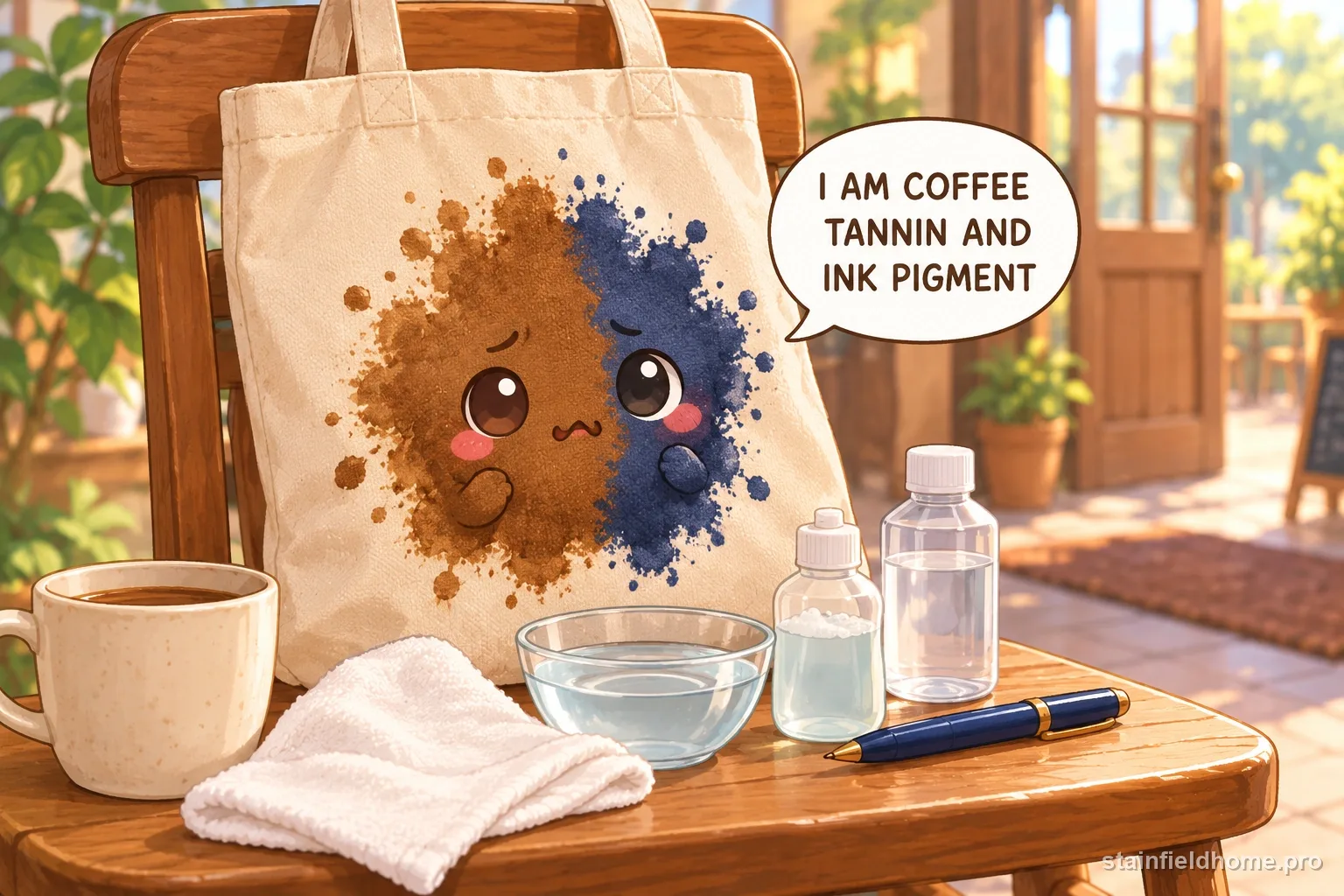 A chibi ink and coffee character on canvas tote bag with a speech bubble reading “I AM COFFEE TANNIN AND INK PIGMENT”.